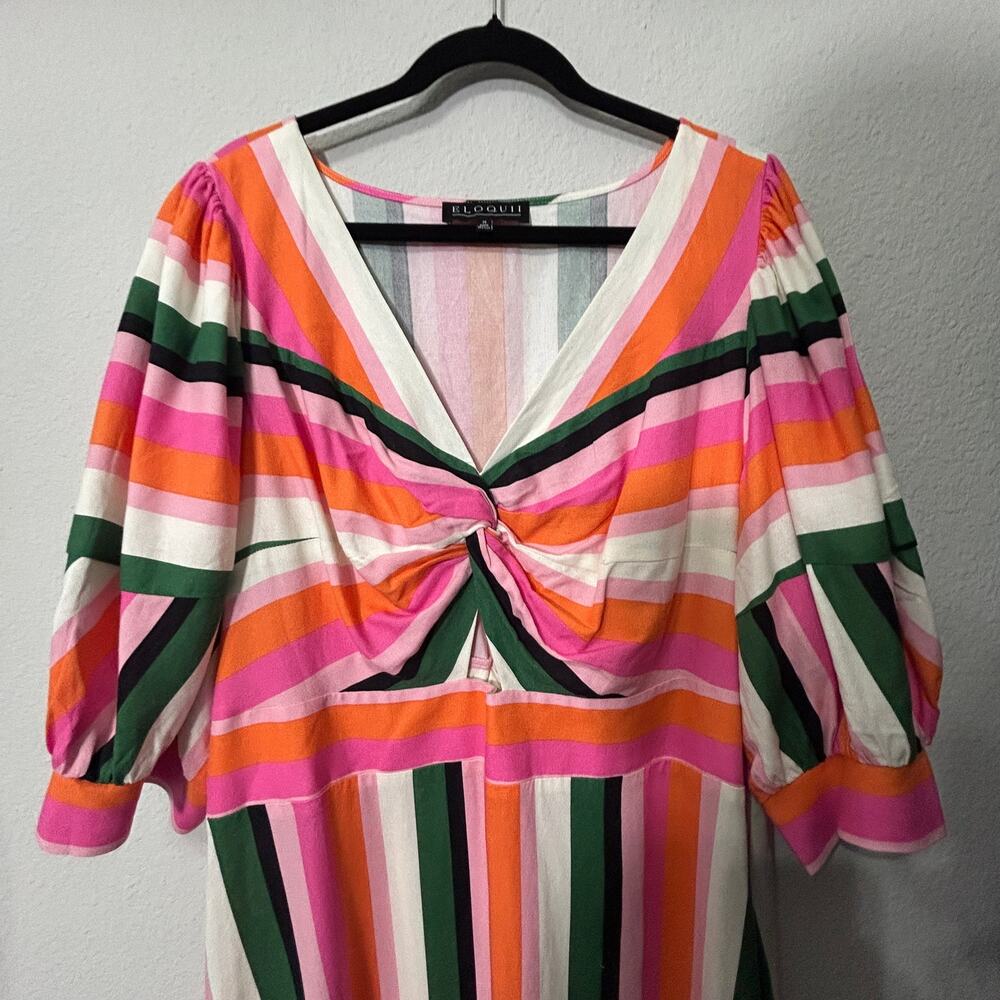 Eloquii Stripe Fit & Flare Linen Blend Dress Pink Green Cut Out Puff Sleeve 20 - Picture 5 of 11
